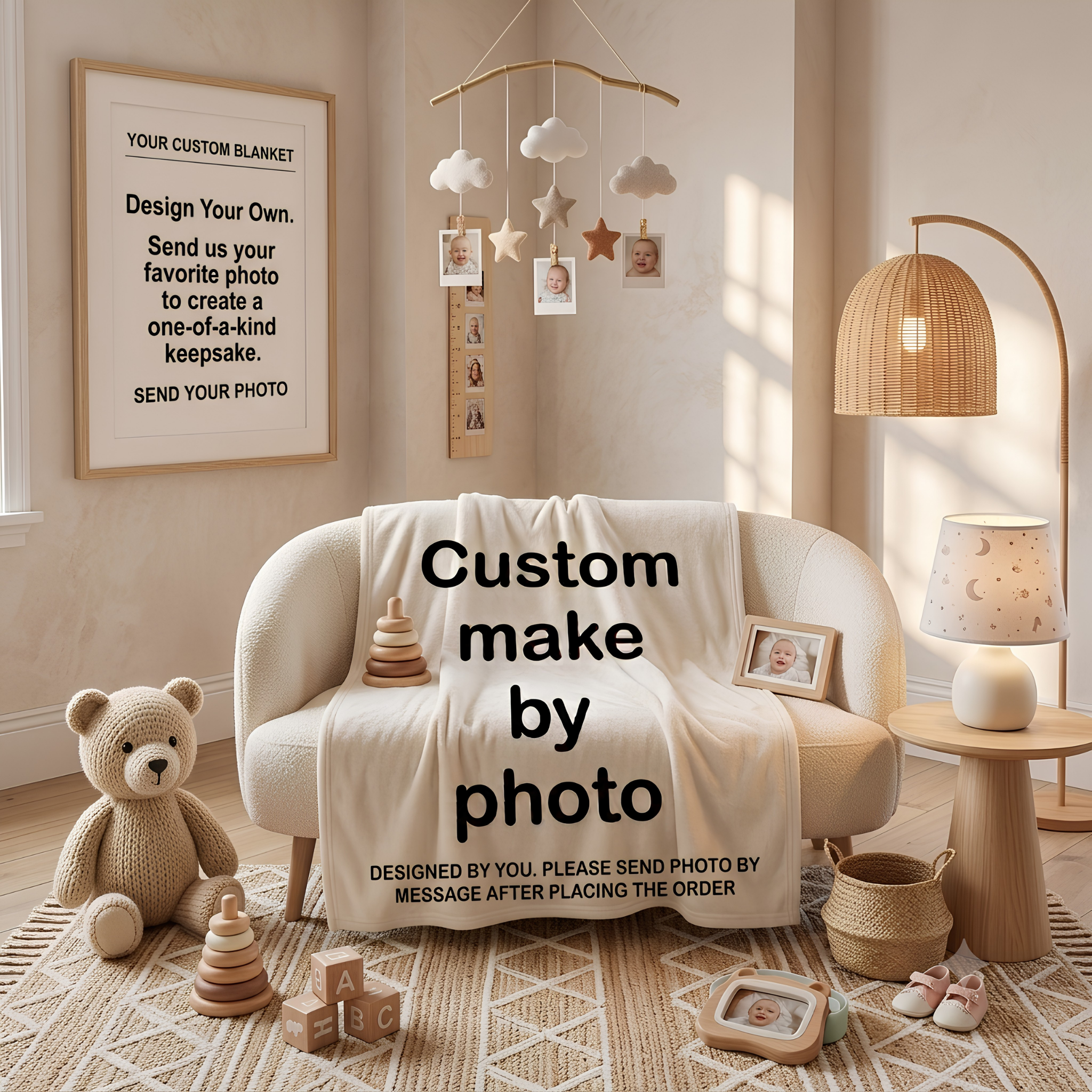 A styled nursery scene with a cream upholstered sofa draped in a cream throw blanket featuring large black text reading 'Custom make by photo.' A framed blanket design hangs on the wall, a mobile with cloud and star charms hangs above the sofa, and a woven floor lamp stands to the right.