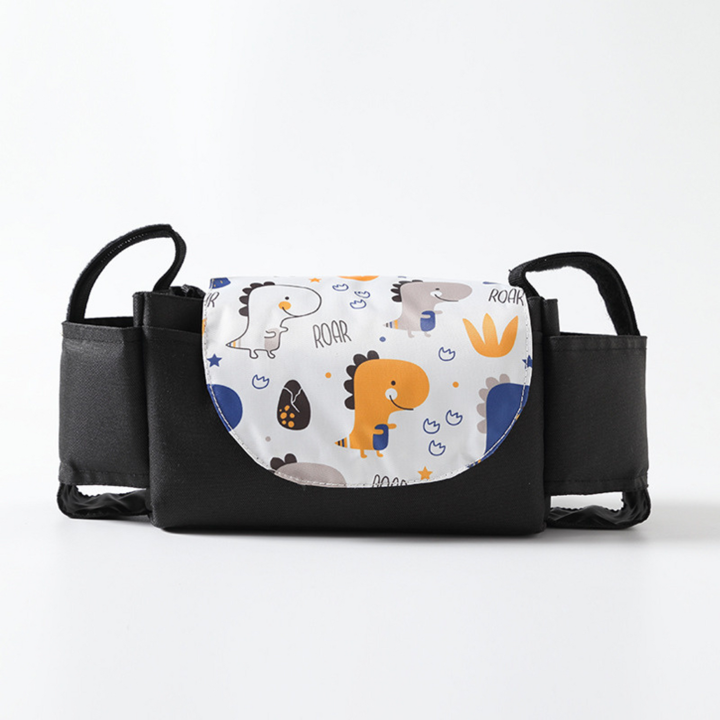 black stroller organizer bag and cup holder with dinosaur print on a white background