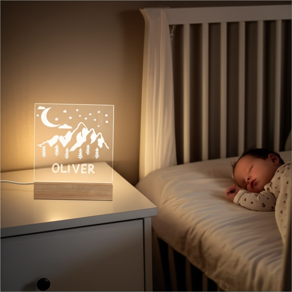 Baby sleeping in a crib with a night light displaying mountains and trees on a bedside table.