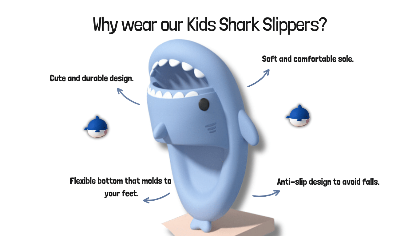A blue kid shark slipper in a white background showing all the benefits of the sandal