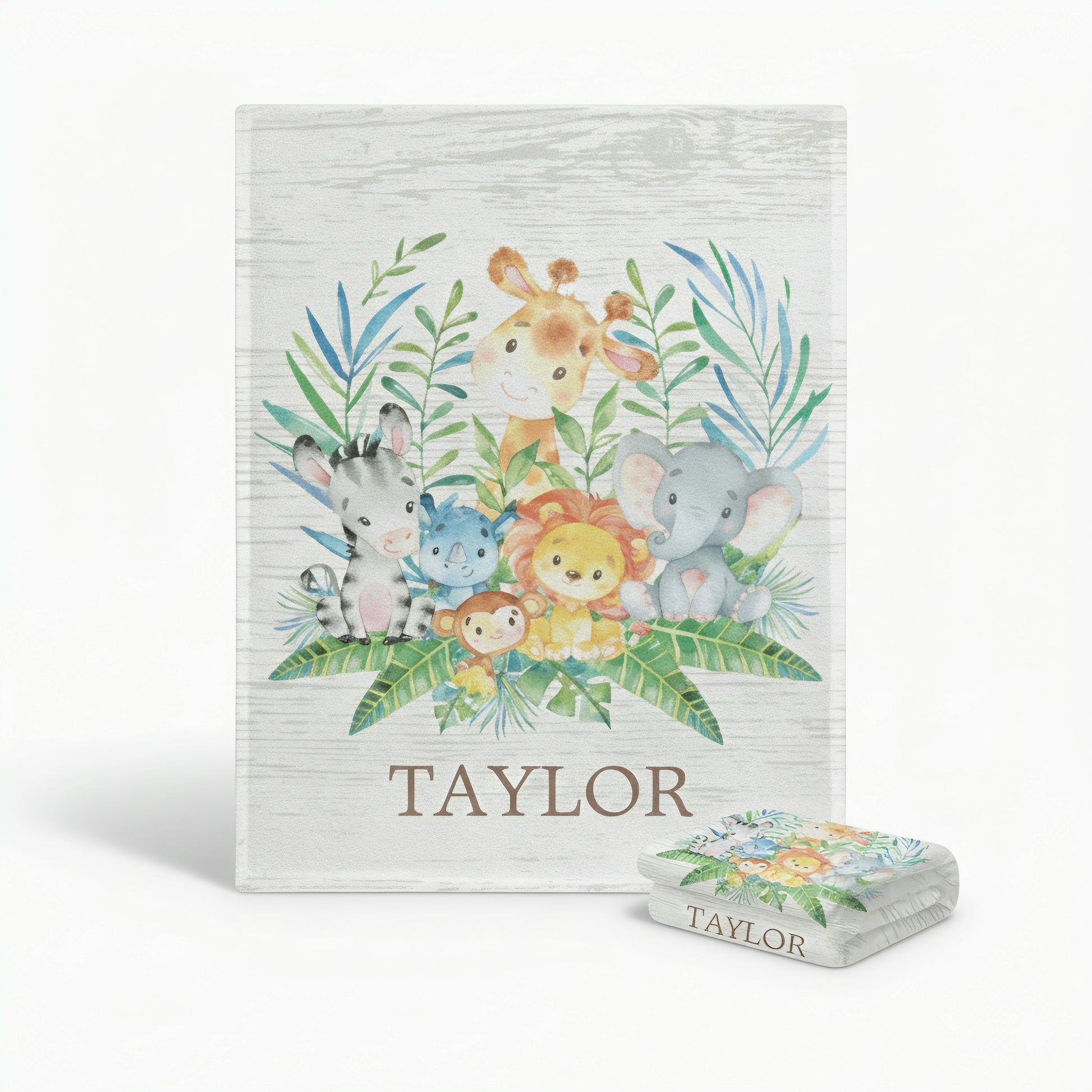 Children's book with animal illustrations and a matching blanket on a white background