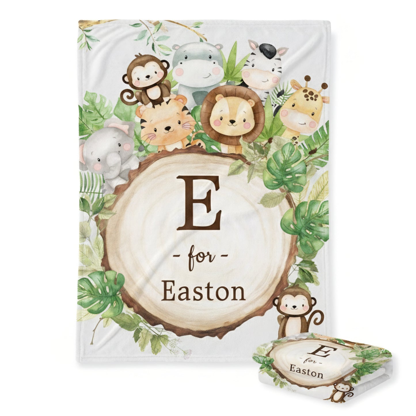 Baby blanket with jungle animals and 'E for Easton' text on a white background