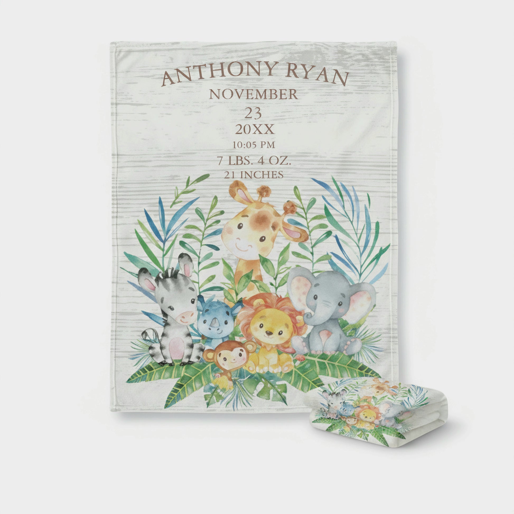 Baby birth announcement card with illustrated animals and personalized details on a white background