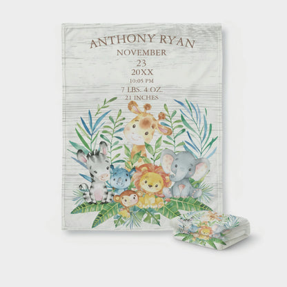 Baby birth announcement card with illustrated animals and personalized details on a white background