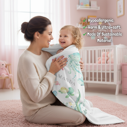 Woman holding a child wrapped in a blanket with product features listed above.