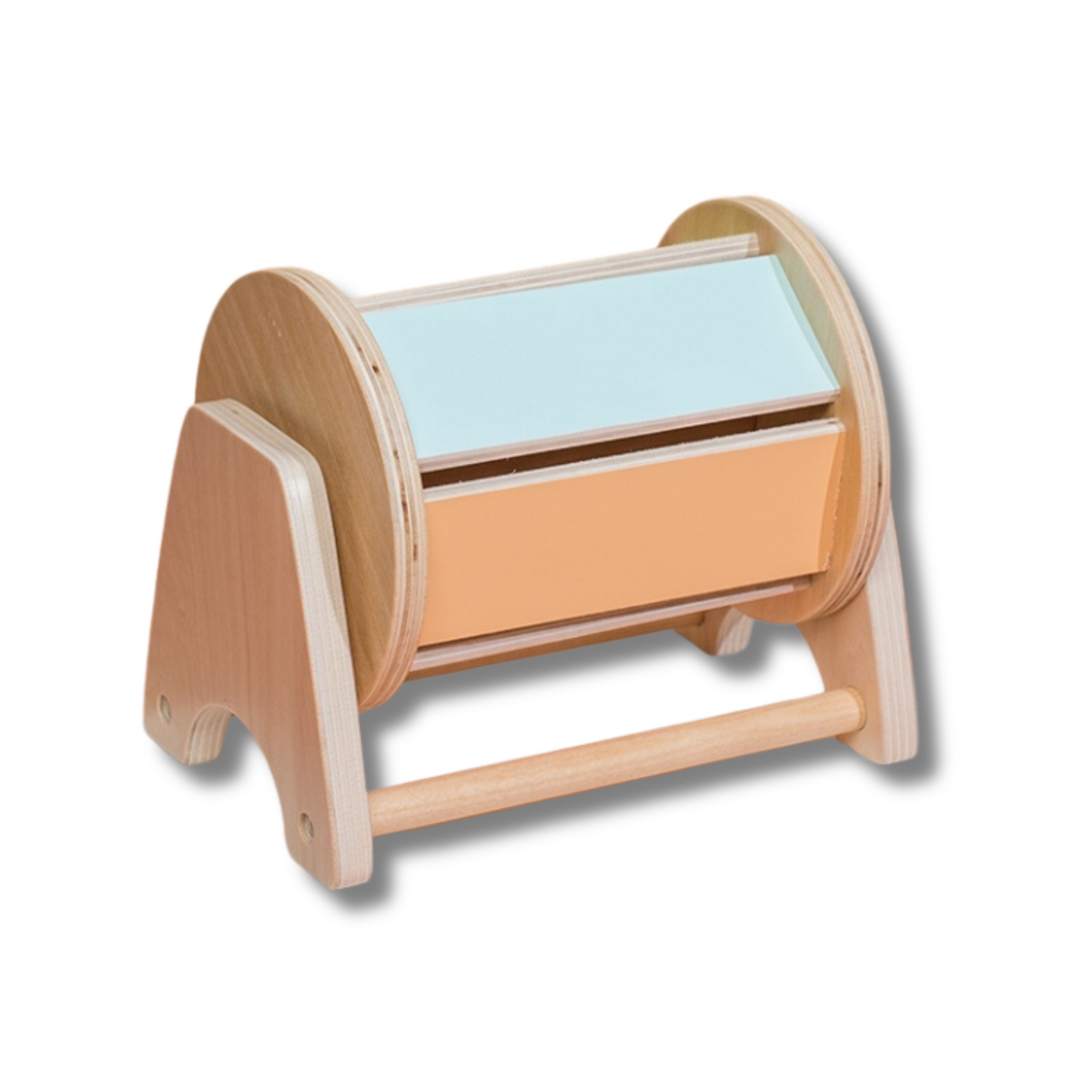 wooden Montessori spinning drum for babies on a white background