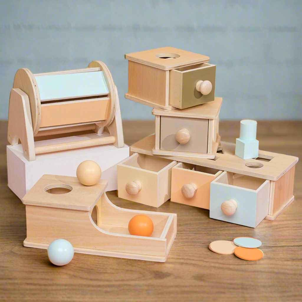 wooden montessori spinning drum with other wooden montessori toys in display