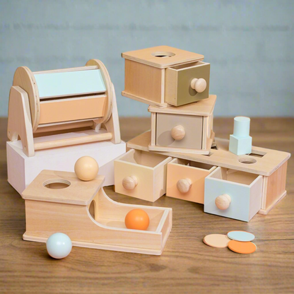 wooden montessori spinning drum with other wooden montessori toys in display
