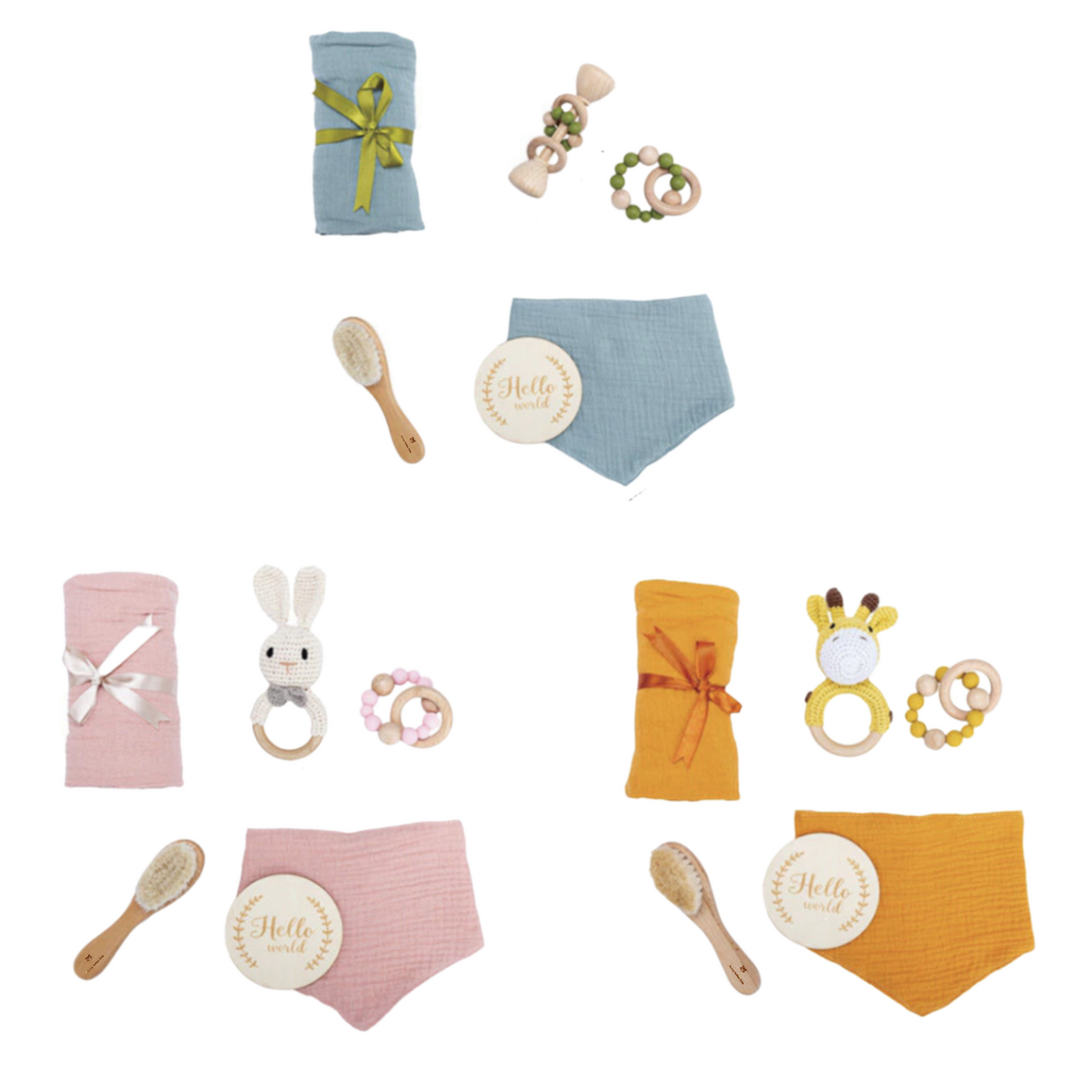 Newborn baby gift sets with three different colors with cloth bibs, swaddle, brush and rattles