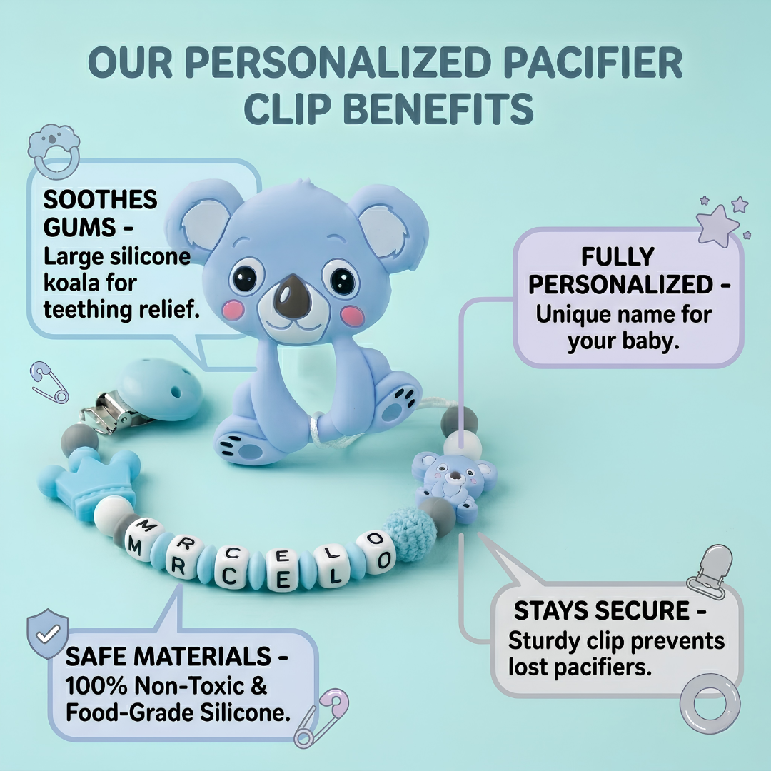 Blue koala-shaped pacifier clip with text highlighting its benefits on a light blue background