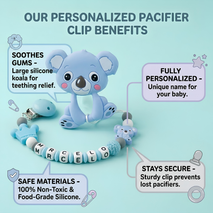 Blue koala-shaped pacifier clip with text highlighting its benefits on a light blue background