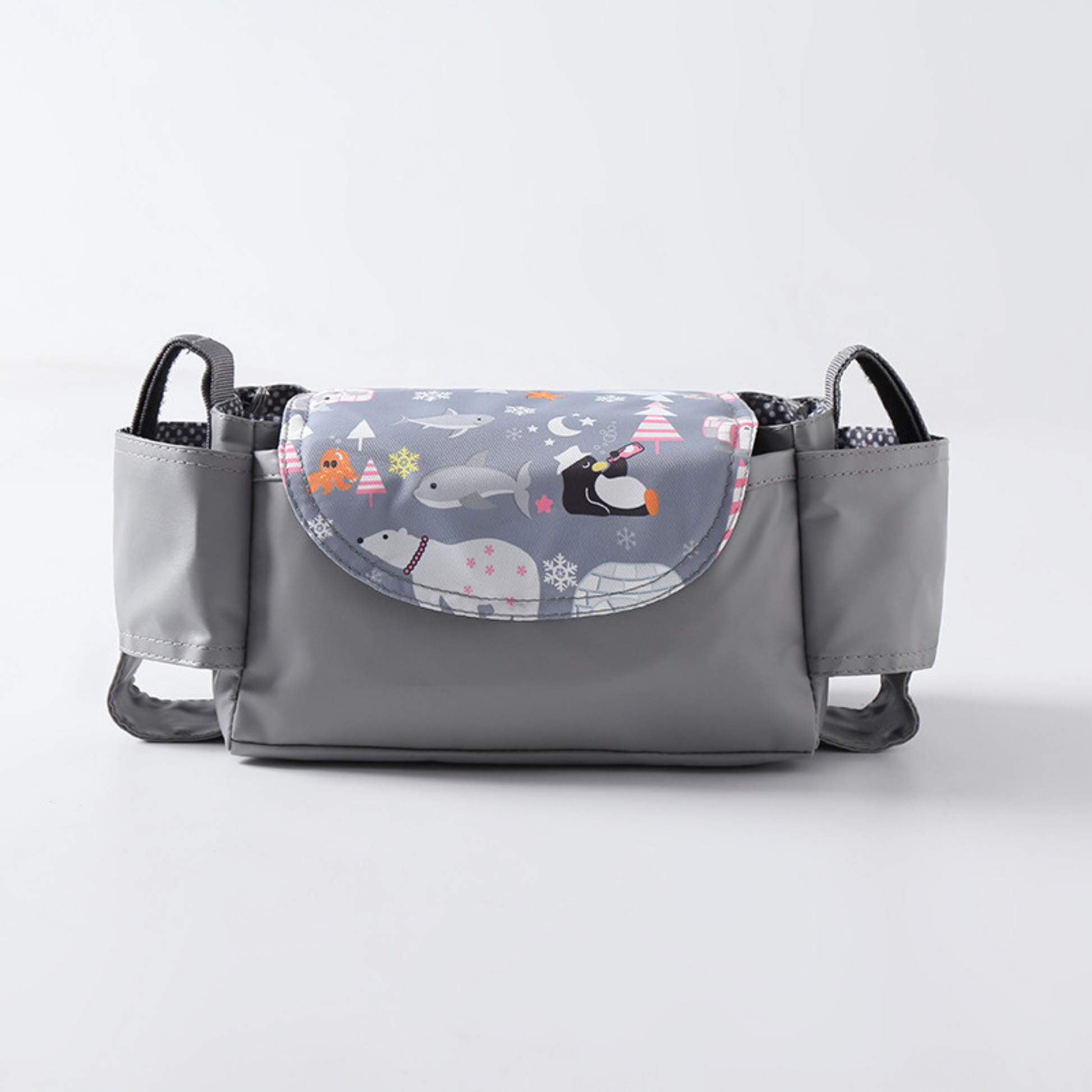 grey stroller organizer bag and cup holder with artic and polar animals print on a white background