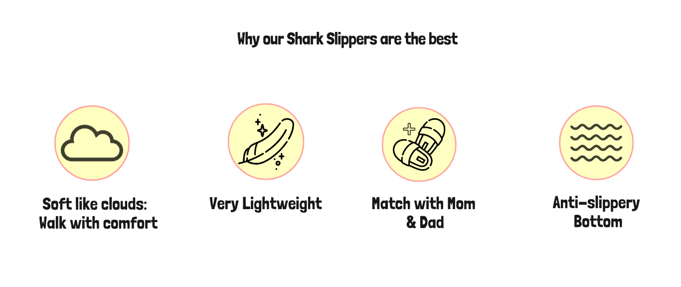 icons showing all the benefits of the kids summer shark slippers