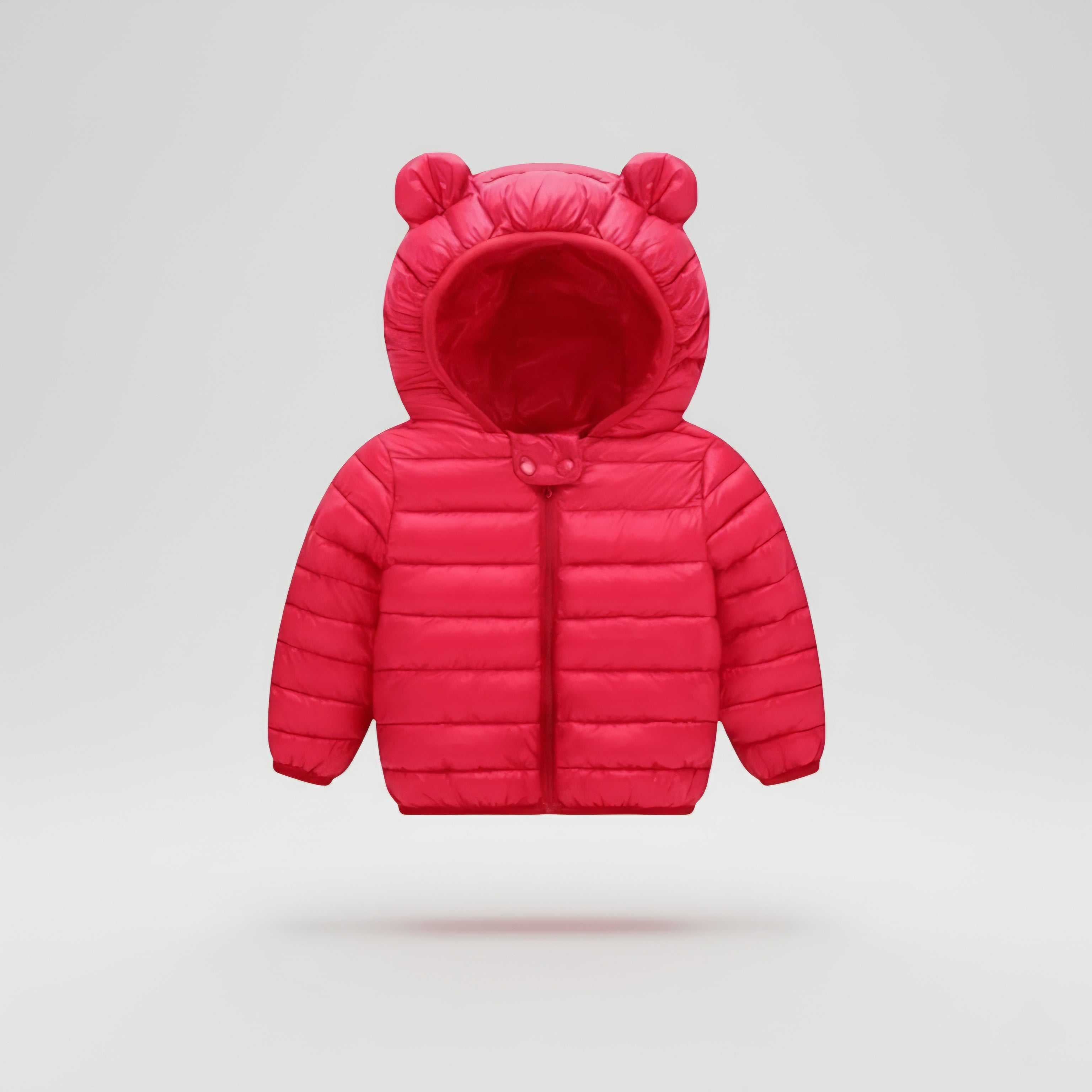 Red Bubba Bear puffer jacket for toddlers with bear ear hood