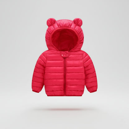 Red puffer jacket with bear ears on a light gray background