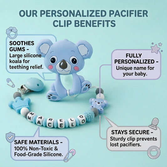 Blue koala-shaped pacifier clip with text highlighting its benefits on a light blue background