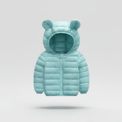 Light blue puffer jacket with bear ears on a gray background