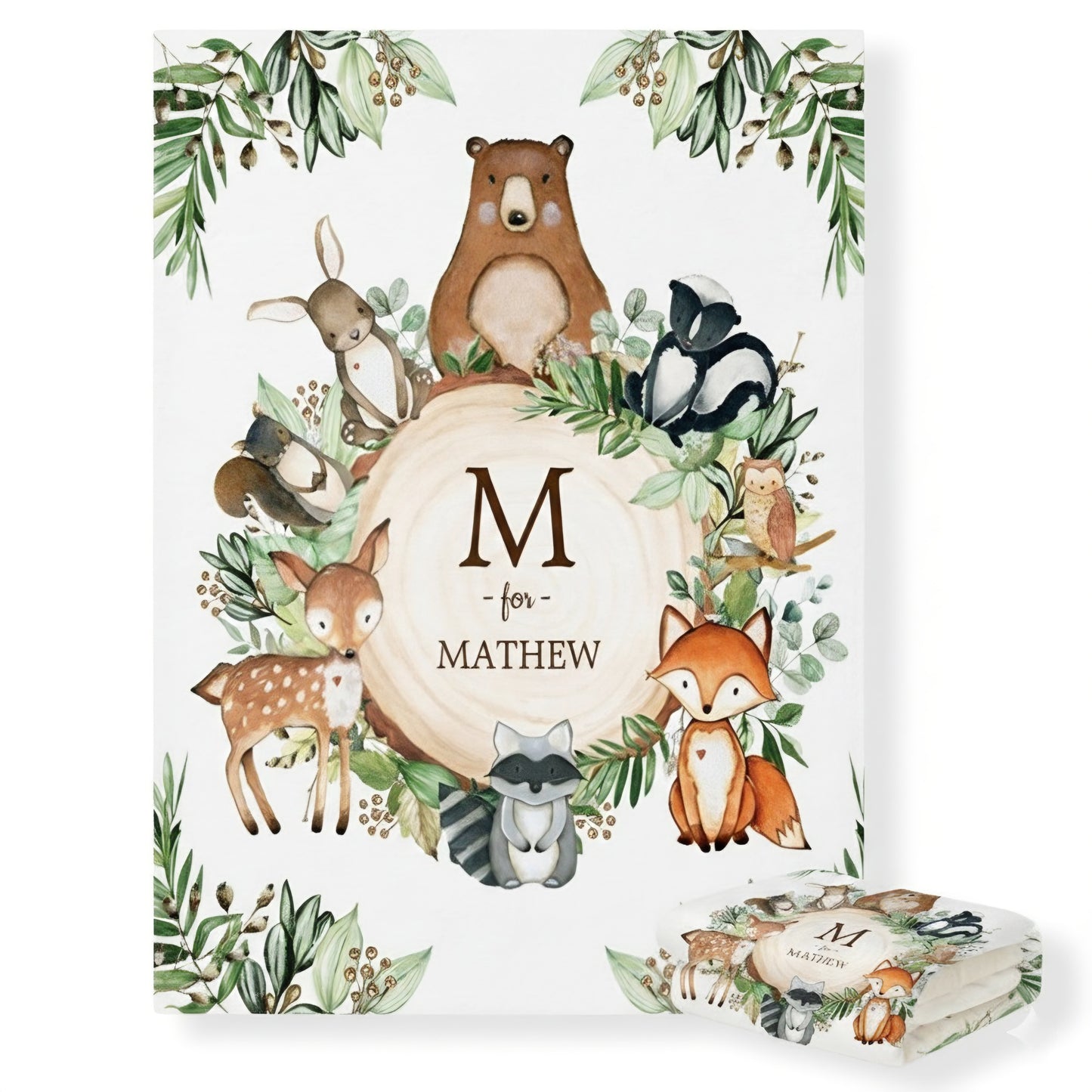 Woodland-themed baby shower invitation with animals and 'M' for Mathew text