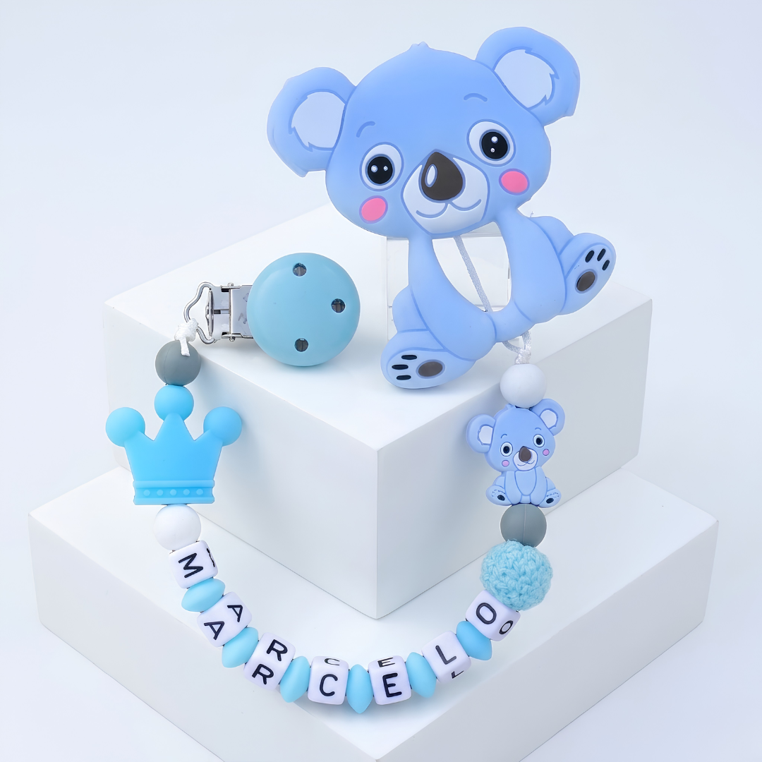Personalized koala silicone pacifier clip with baby's name in beads