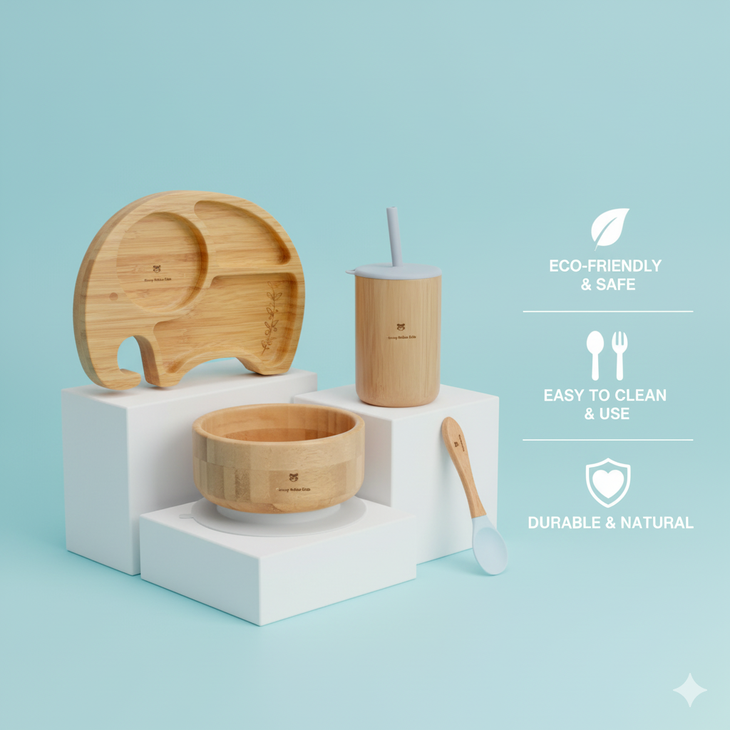 Bamboo tableware set including a plate, bowl, cup with straw, and spoon on a light blue background.