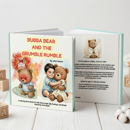 Children's book titled 'Bubba Bear and the Gumble Rumble' on a light wooden surface.