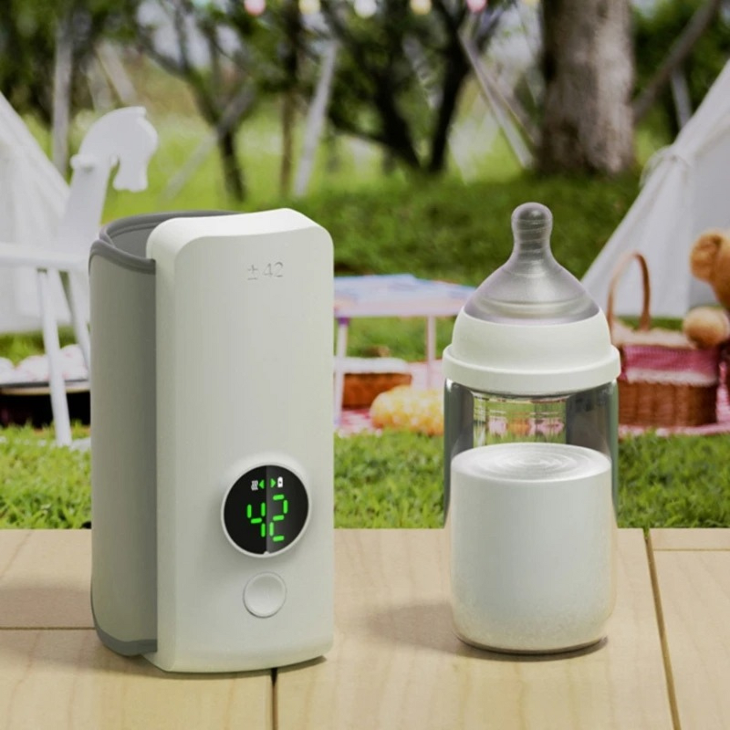 bubba portable baby bottle warmer in the backyard