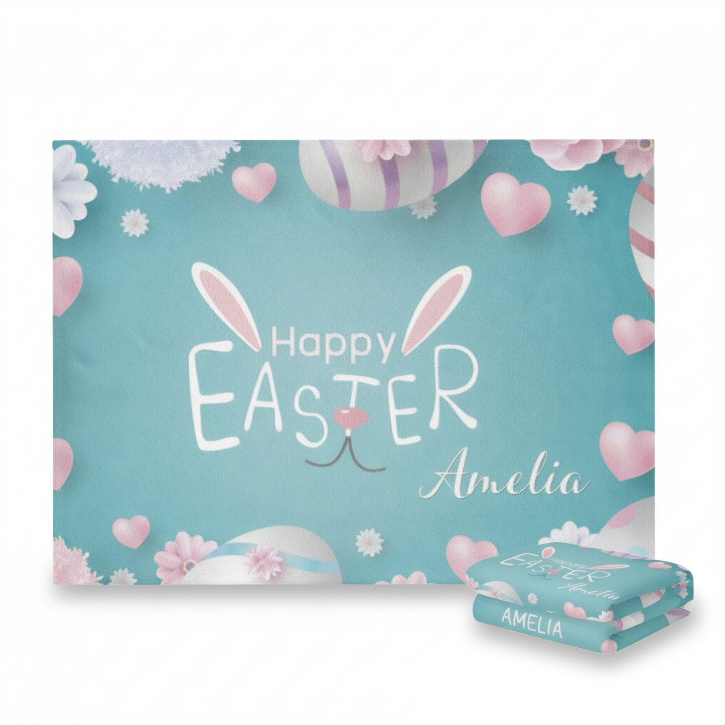Easter-themed product packaging with 'Happy Easter Amelia' text on a blue background.