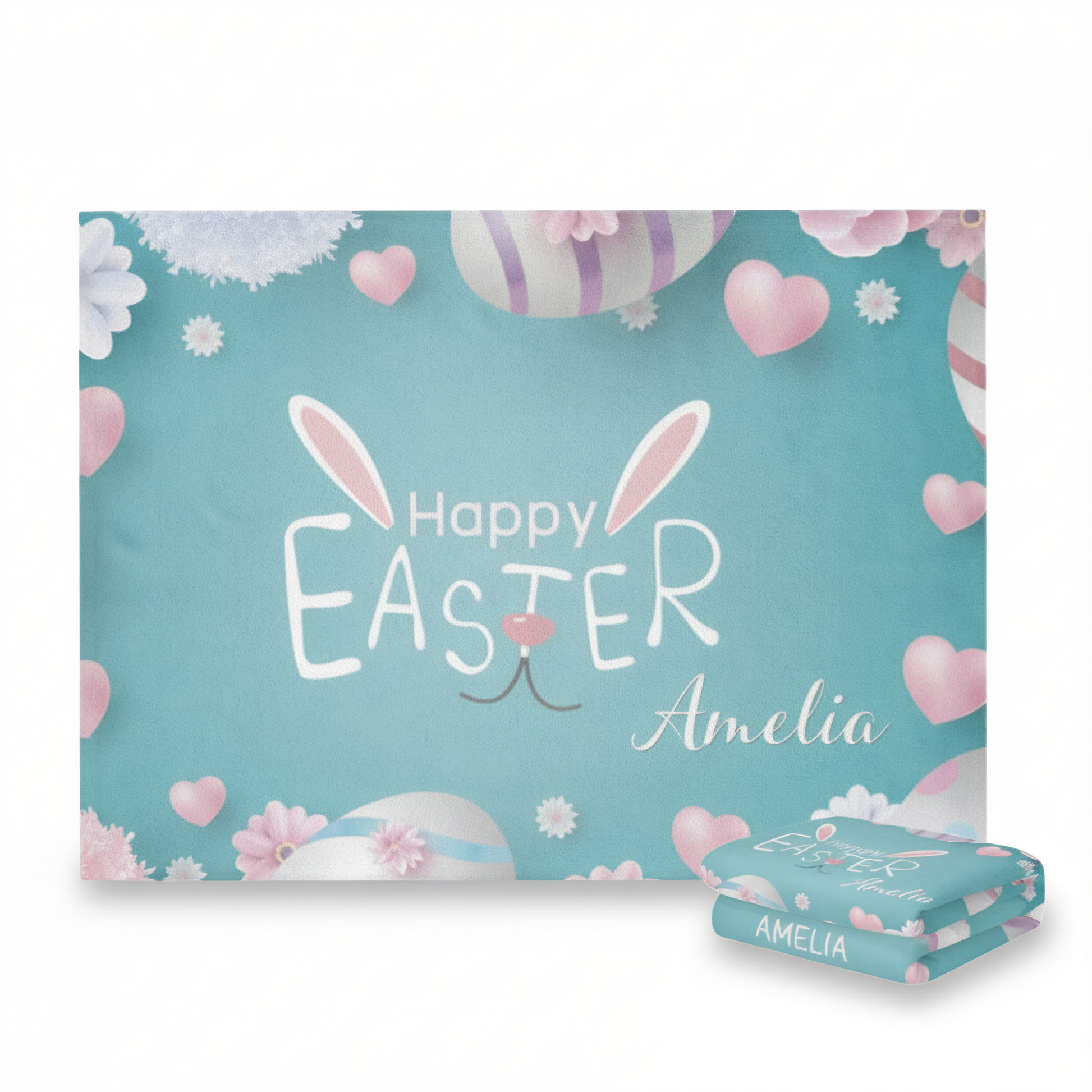 Easter-themed product packaging with 'Happy Easter Amelia' text on a blue background.