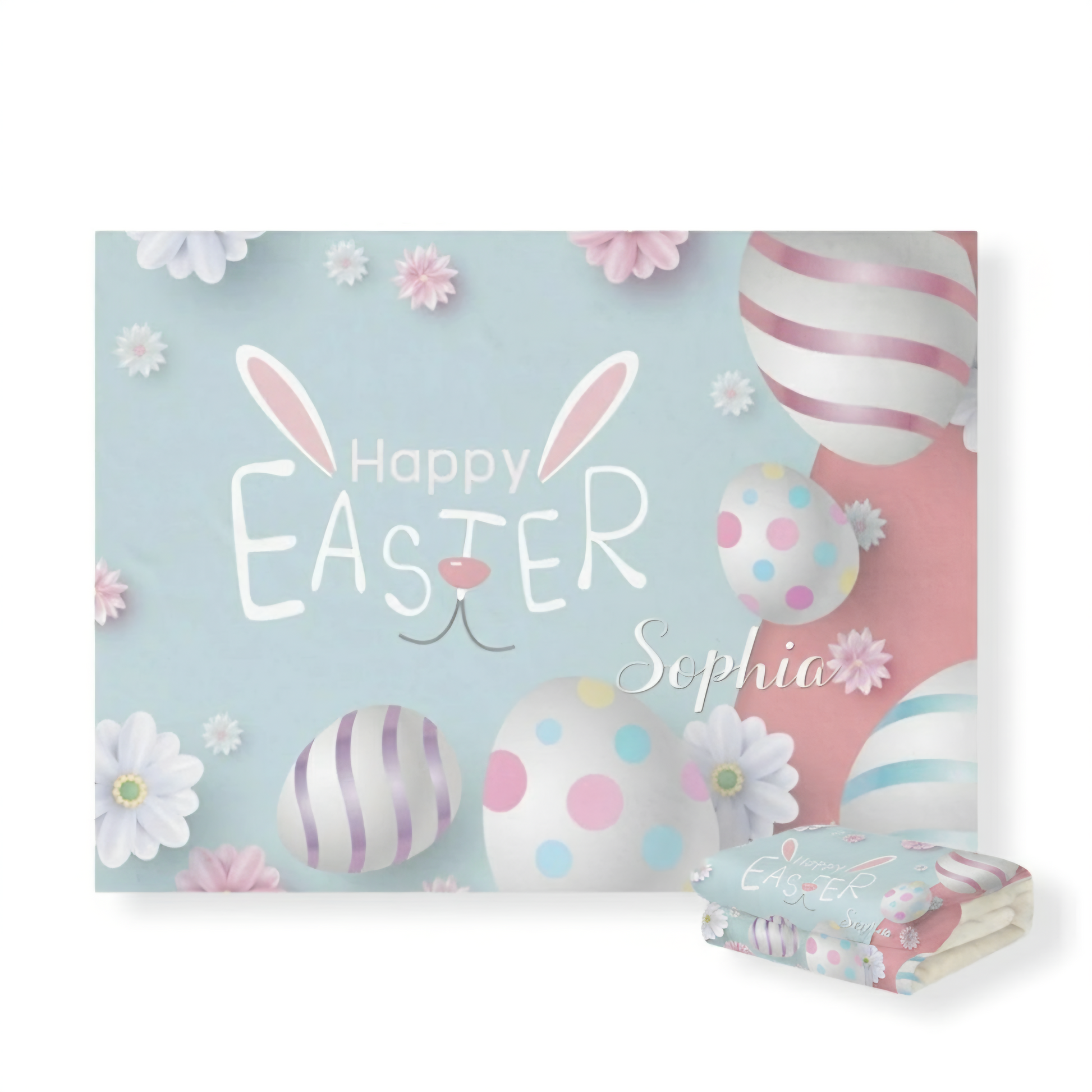 Easter-themed backdrop with eggs, flowers, and 'Happy Easter Sophia' text.