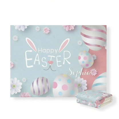 Easter-themed backdrop with eggs, flowers, and 'Happy Easter Sophia' text.