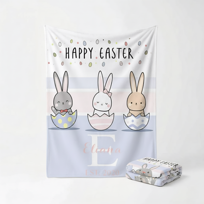 Happy Easter banner with cartoon bunnies and matching blanket on a white background