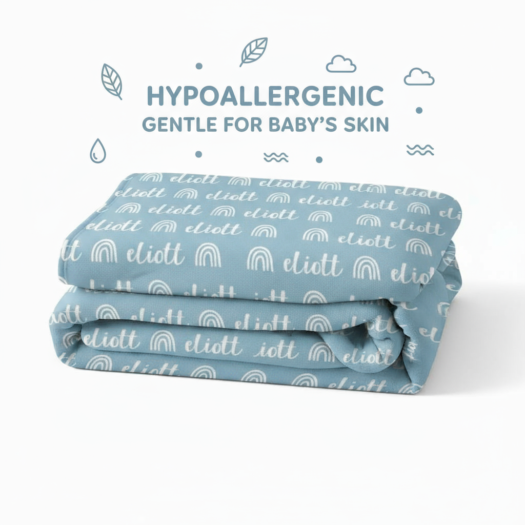Folded blue blanket with white text and patterns on a white background, labeled as hypoallergenic for baby's skin.