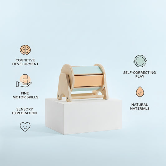 Wooden toy known as spinning drum with educational benefits on a light blue background