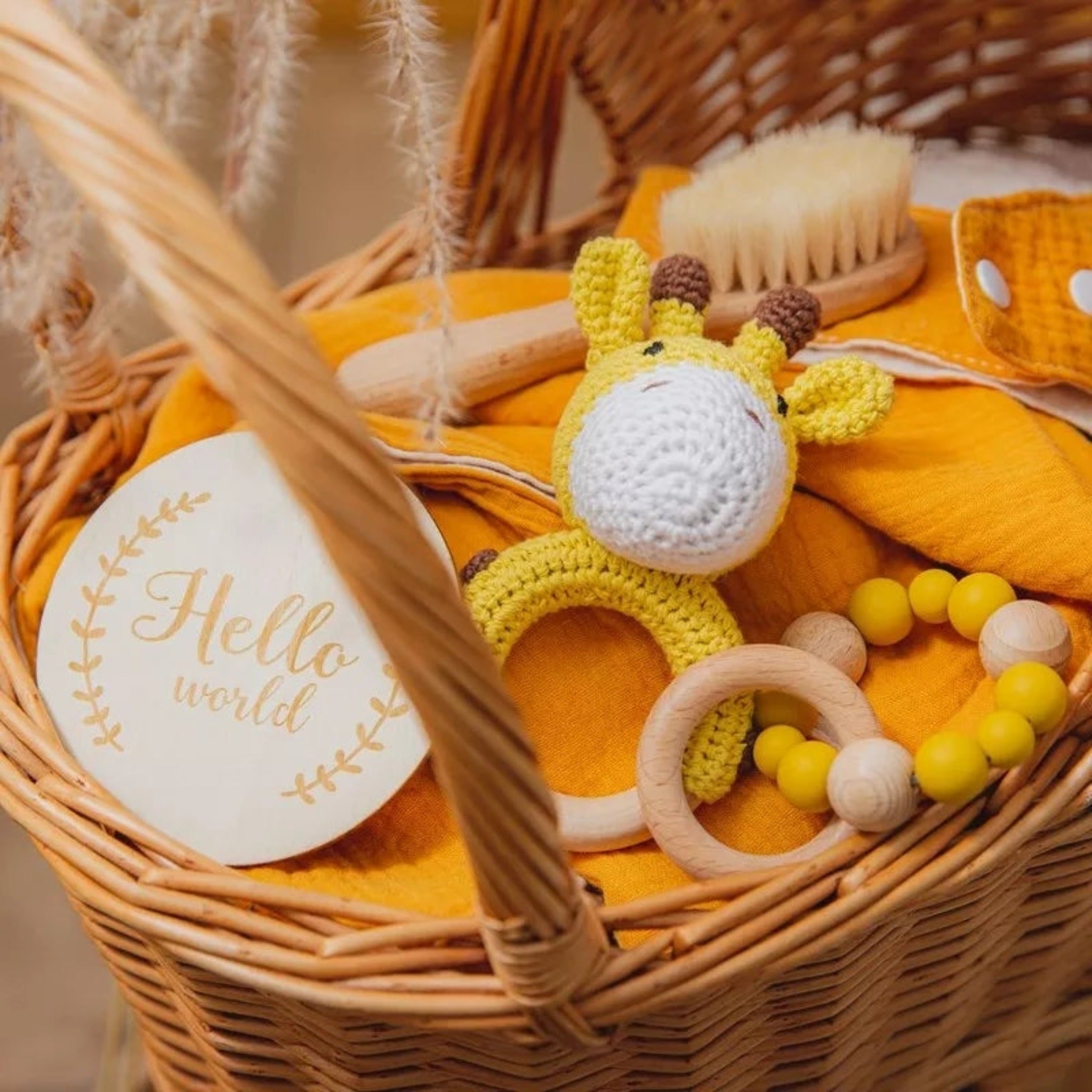 Newborn gift basket set ideas for newborn baby girl or baby boy store crochet brown sneakers booties llama alpaca toy from grandpa, grandma 23/08