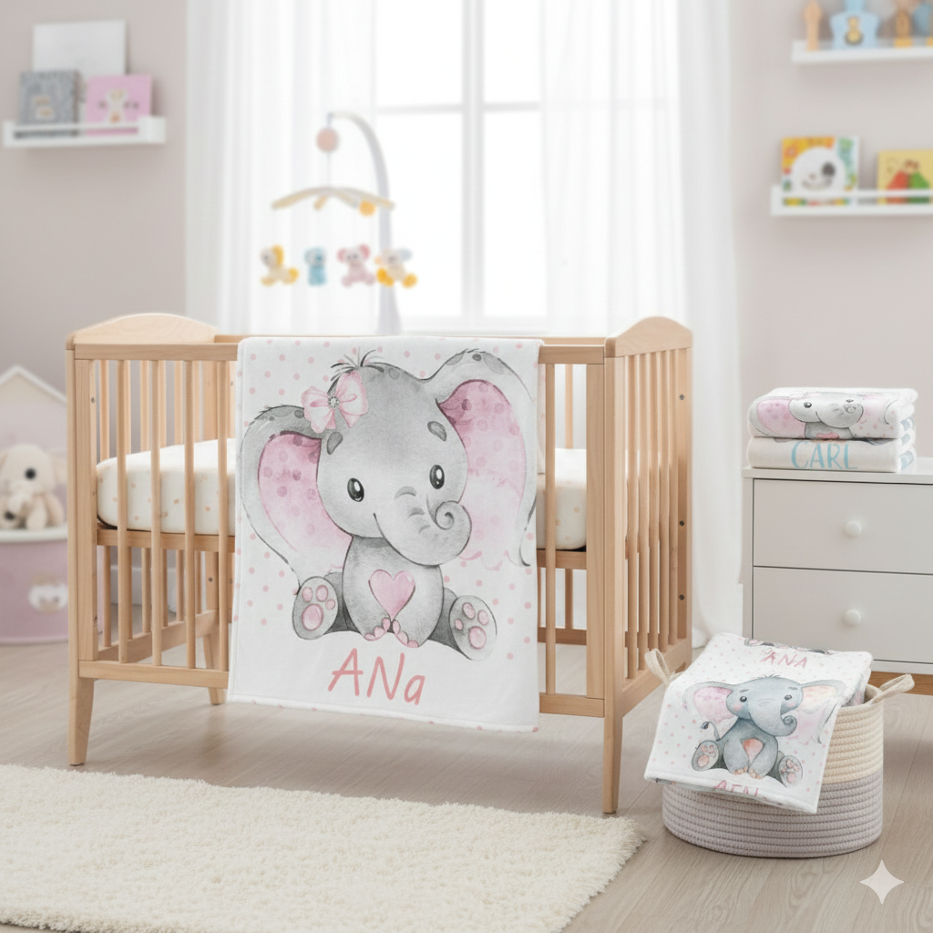 Nursery room with a crib, baby blanket with an elephant design, and a basket with more items.
