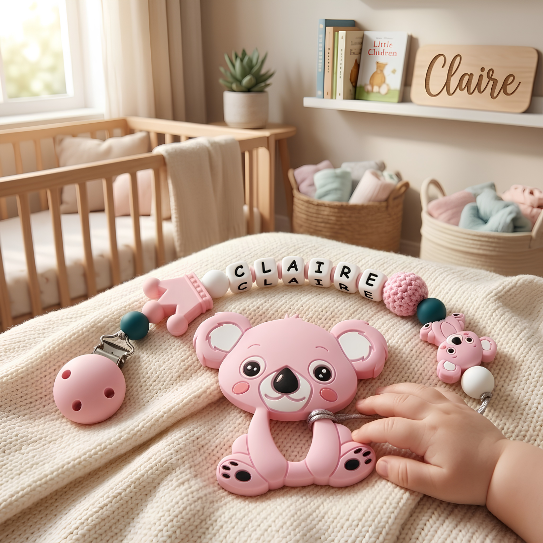 Pink koala teething toy attached to a personalized pacifier chain with letter beads in a nursery setting