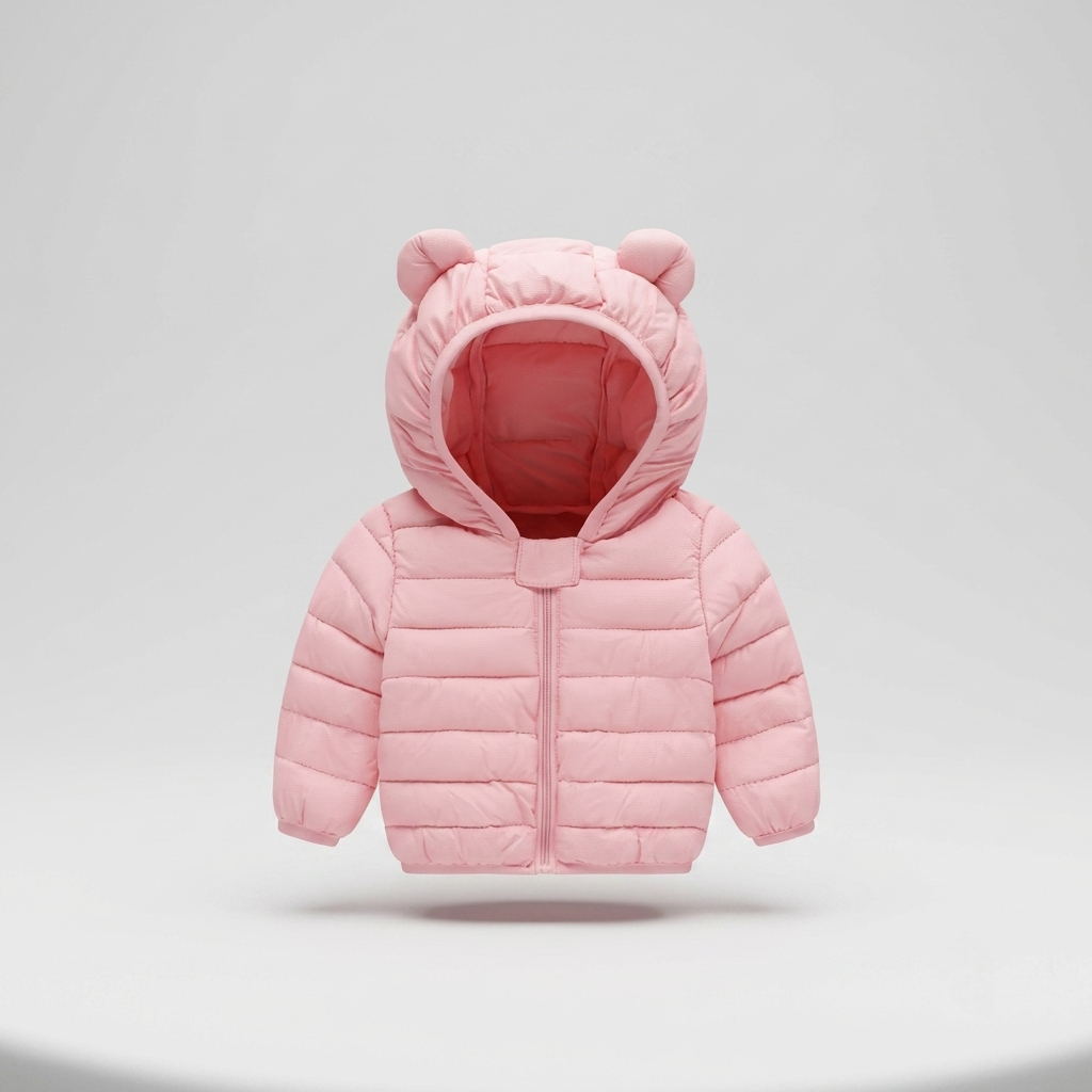A light pink puffer jacket for toddlers, featuring a hood with decorative bear ears and a front zipper, shown against a neutral light gray background.