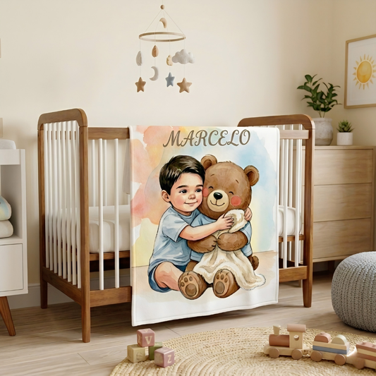 Baby crib with a fleece babh blanket featuring a child and teddy bear from the book Bubba Bear and the Grumble Rumble, surrounded by toys and furniture in a nursery.