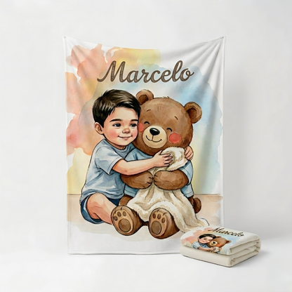 Personalized flrece baby blanket from the book Bubba Bear and the Grumble Rumble with a child and teddy bear design, featuring the baby's name 'Marcelo'.