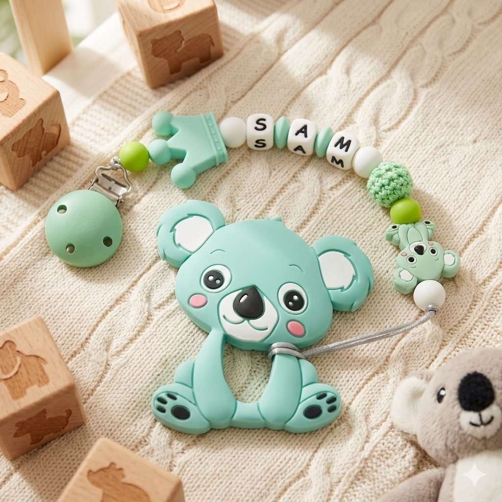 Teething toy with koala design and name 'Samm' on a textured surface with wooden blocks.