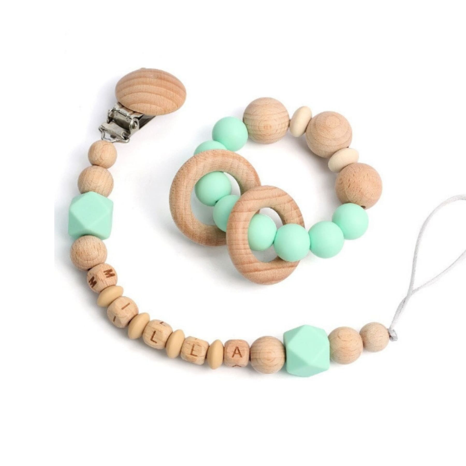 Wooden Pacifier Clip and Rattle Set | Hunny Bubba Kids - Hunny Bubba Kids