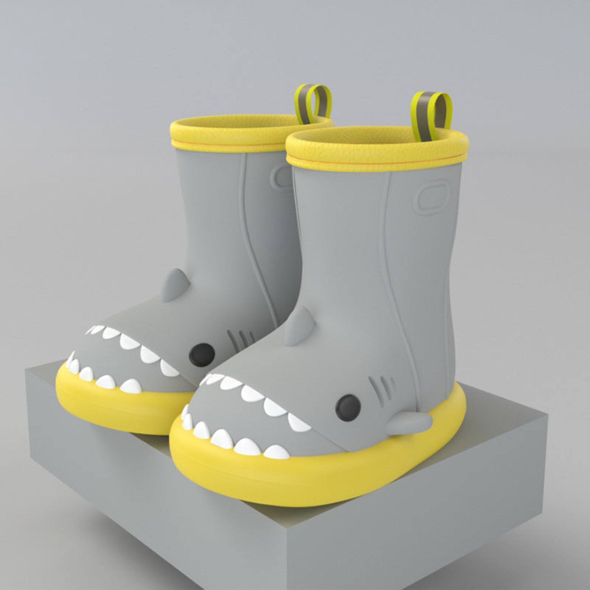 pair of grey waterproof shark rain boots with yellow sole for kidy