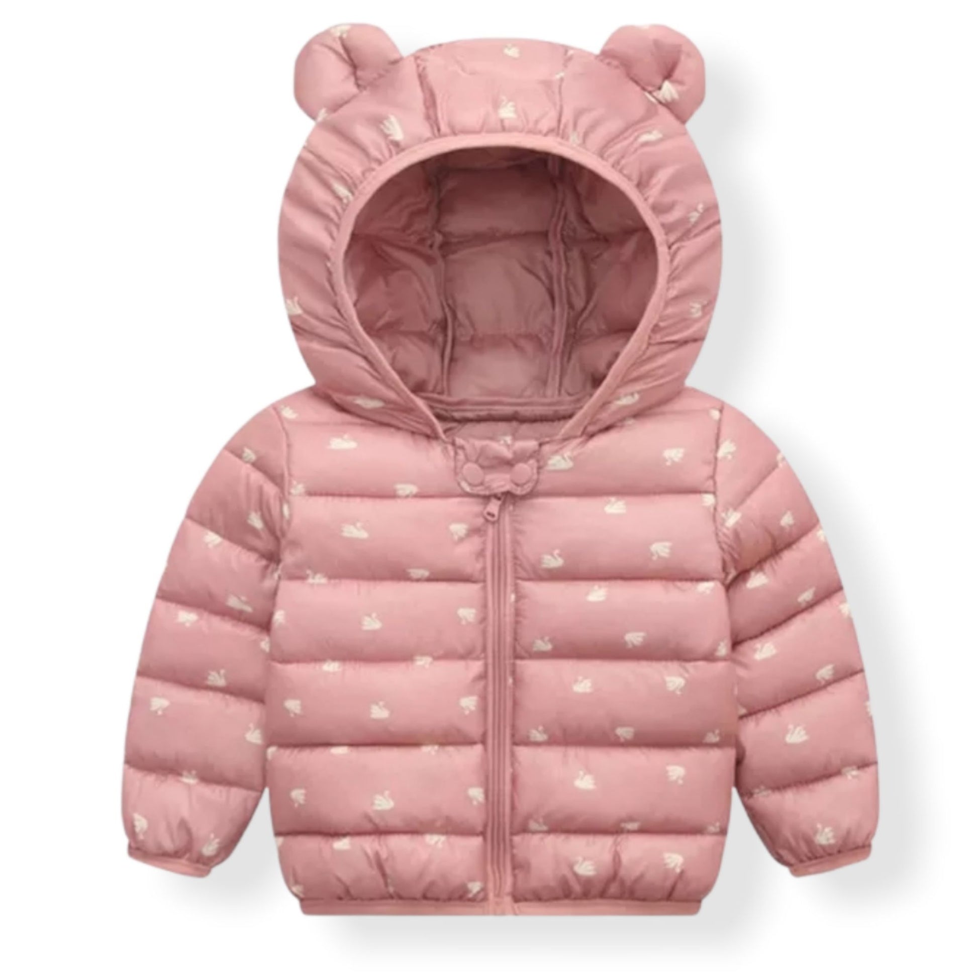 Puffer Jacket with Ears for Babies & Toddlers in Pink with White Swans