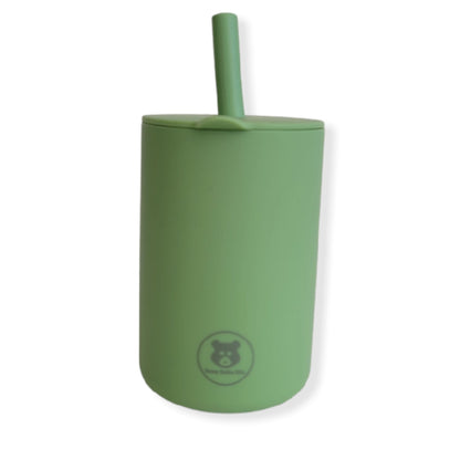 back of Green silicone sippy cup with straw and cute elephant design on it for babies, toddlers and kids- Hunny Bubba Kids