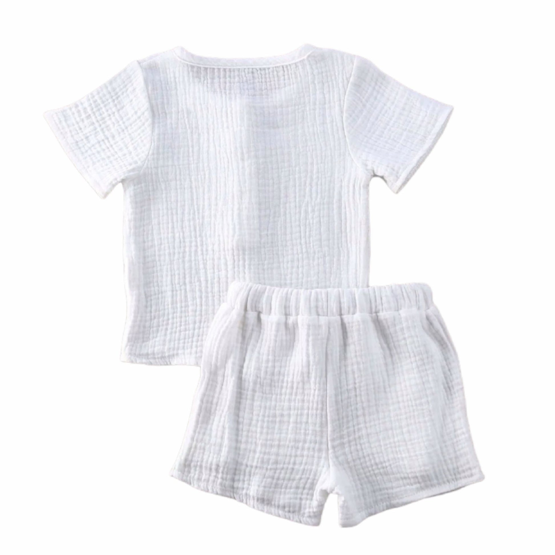 white summer set for babies and toddlers, two piece set with shirt and shorts, cotton | Hunny Bubba Kids 