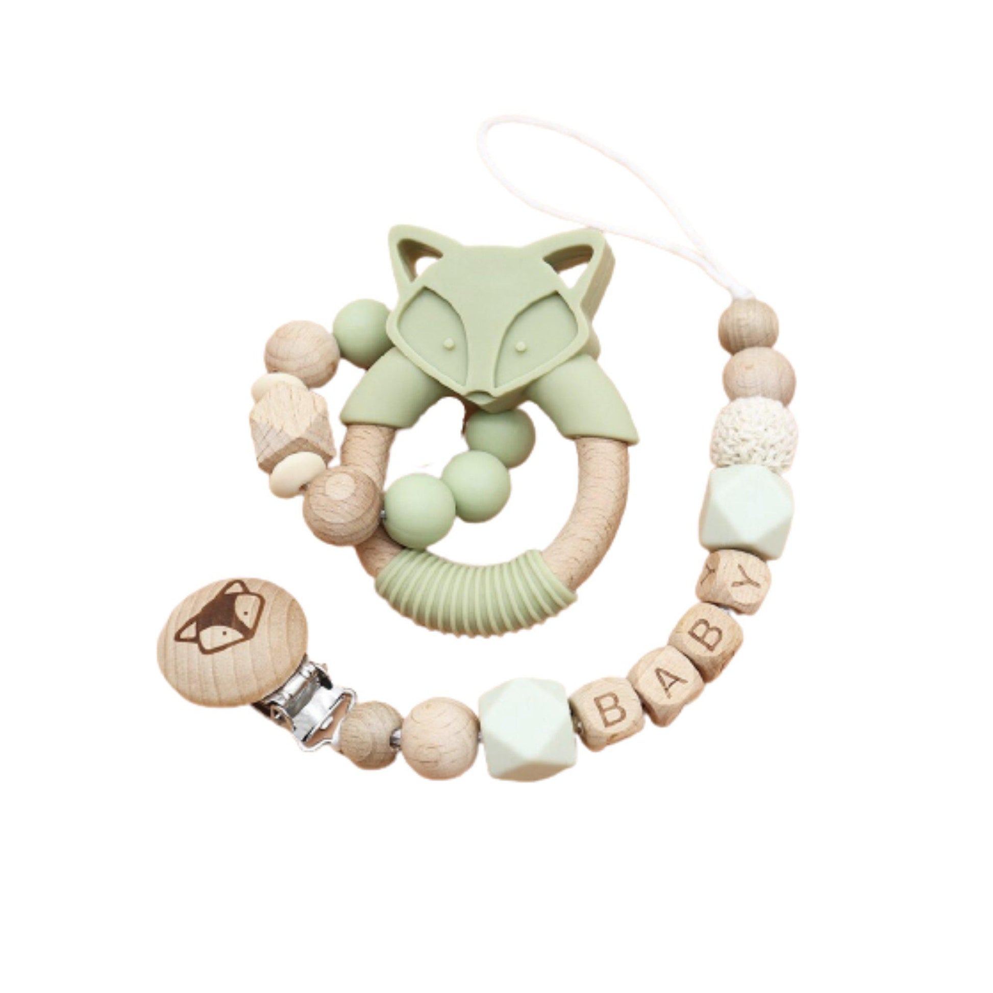 Light mint fox pacifier clip and holder set- hunby bubba kids