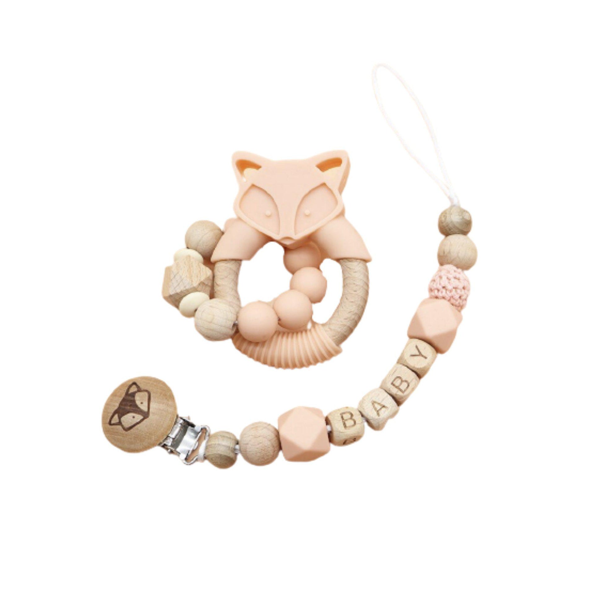 Light peach fox pacifier clip and holder set- hunby bubba kids