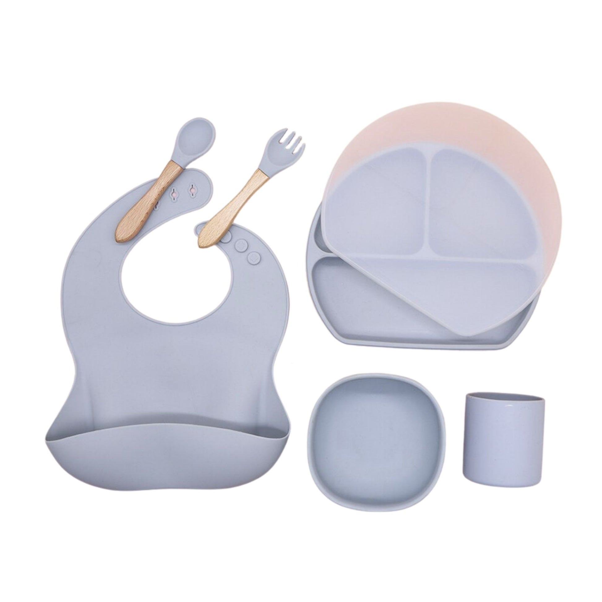 six piece baby dining set and tableware  for babies, toddlers and kids- it comes with silicone plate, bowl, bib and sippy cup and utensils- hunny bubba klids