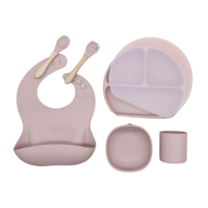 six piece baby dining set and tableware  for babies, toddlers and kids- it comes with silicone plate, bowl, bib and sippy cup and utensils- hunny bubba klids