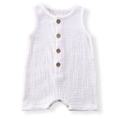 White cotton baby romper for summer with buttons on the front and bottom- Hunny Bubba Kids